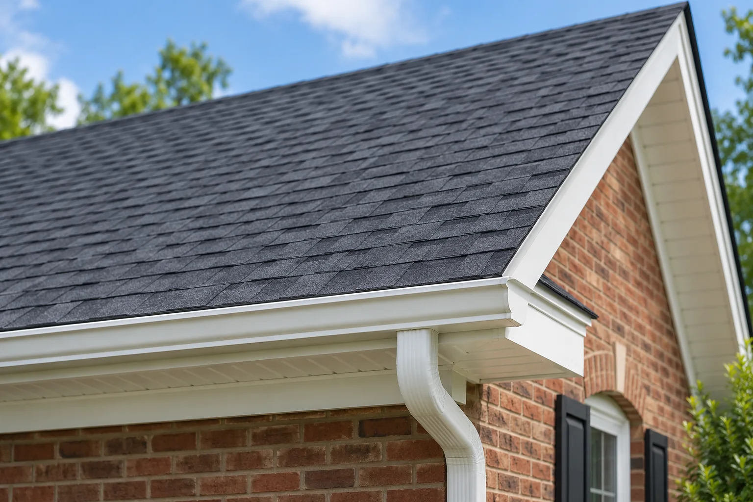 Architectural illustration of shingle roofing, white fascia and gutter details