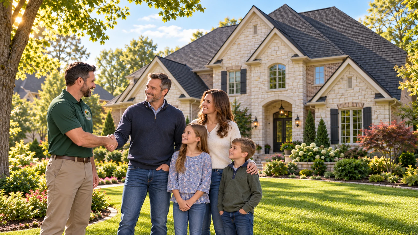 Roofing process illustration of a Town & Country representative shaking a homeowner’s hand with the whole family present