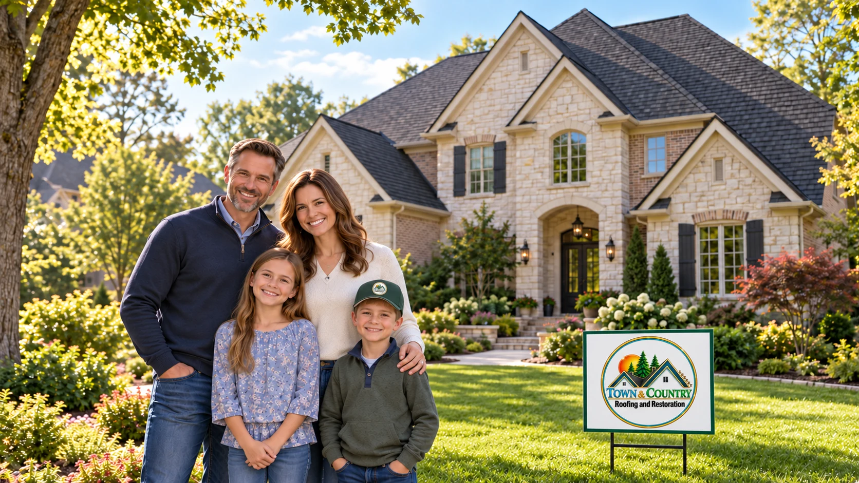 Roofing process illustration of a happy family in front of a new charcoal roof, with a Town & Country baseball cap and branded yard sign