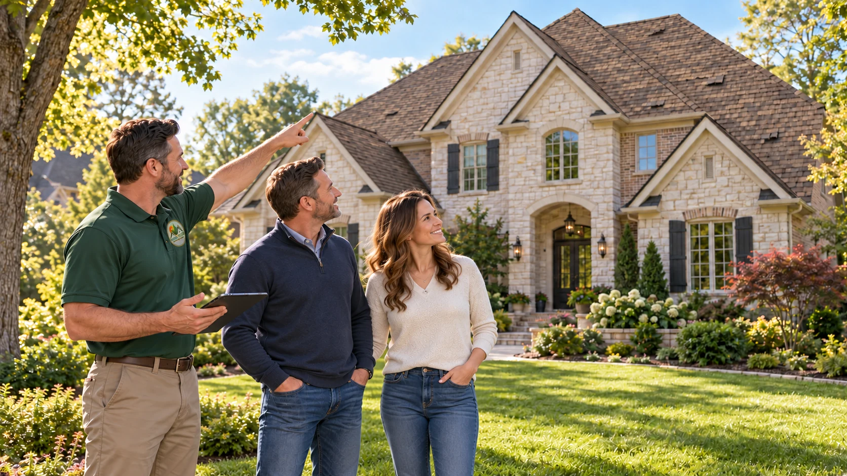 Roofing process illustration of a Town & Country representative pointing to a worn brown roof while talking with two homeowners in their front yard