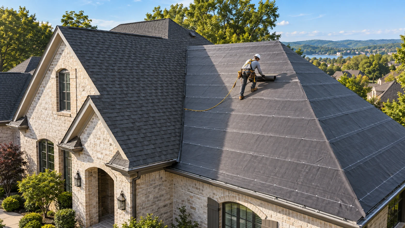 Roofing process illustration showing decking and underlayment beneath a shingle roof