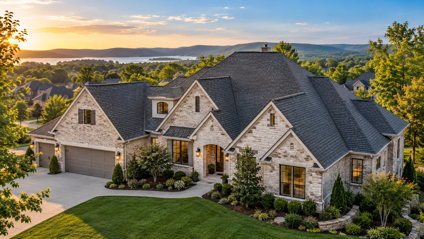 Architectural illustration of a completed shingle roof at golden hour