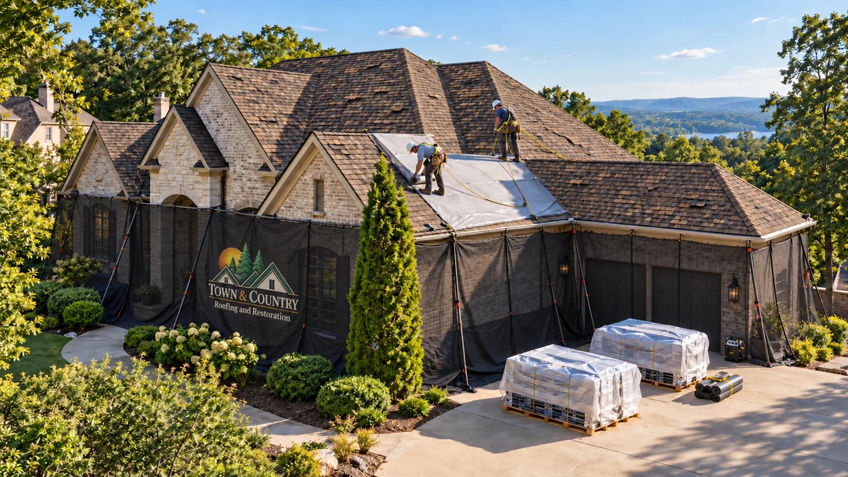 Roofing process illustration showing black protective netting from the gutters to the ground with a subtle Town & Country logo protecting the windows