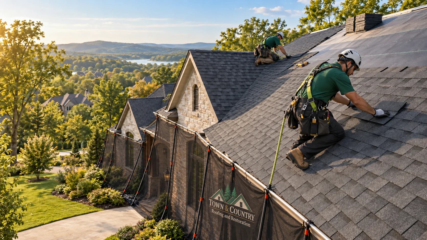 Roofing process illustration of charcoal shingle installation with black Town & Country protective netting below the gutters