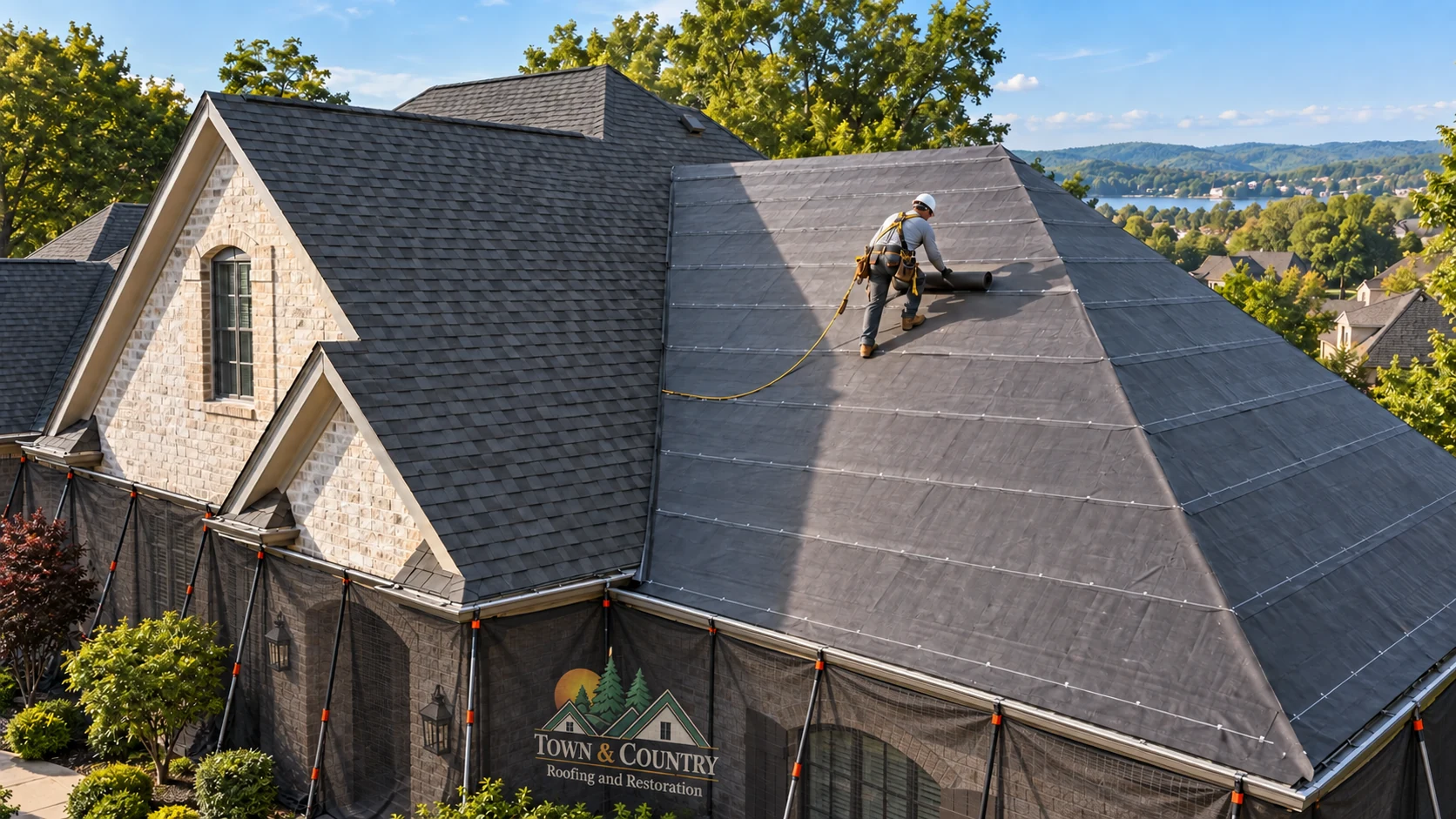 Roofing process illustration of underlayment installation with black branded protective netting covering the windows below