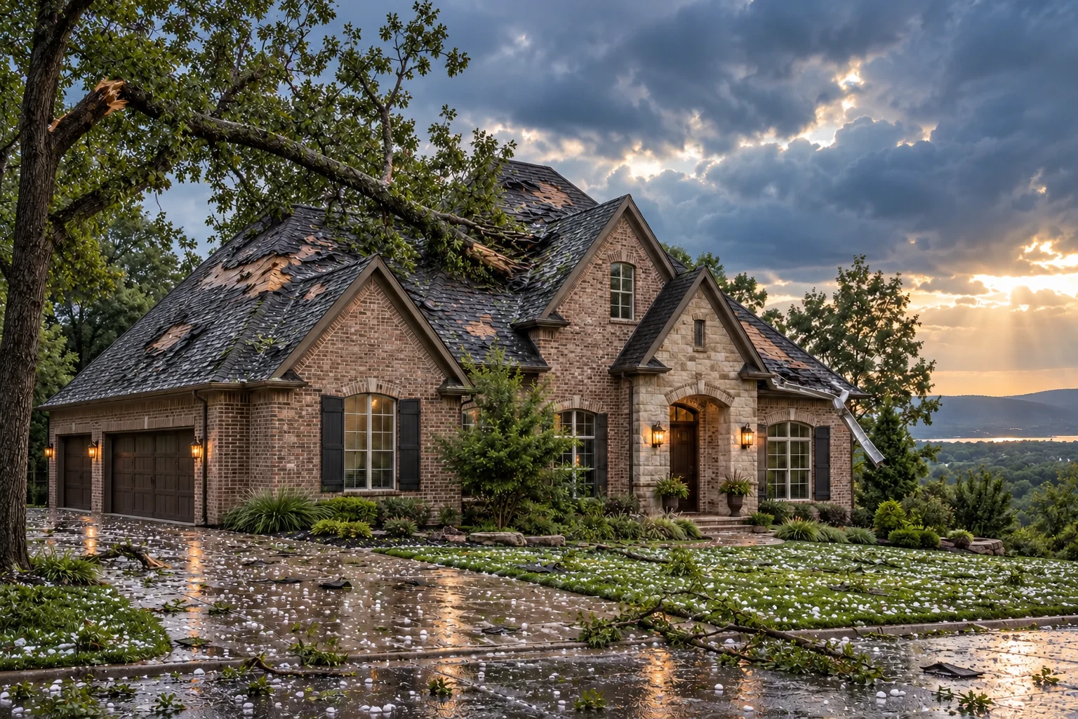 Illustration of severe storm damage with torn roof shingles, a fallen tree limb, hanging guttering and hail across the front lawn