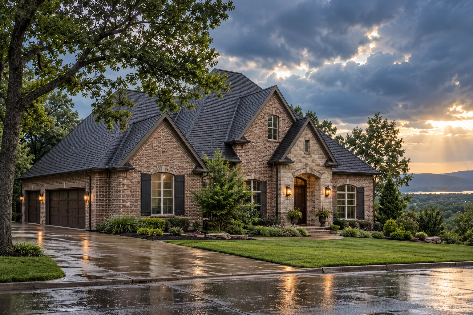 Architectural illustration of a brick home with a shingle roof after rainfall